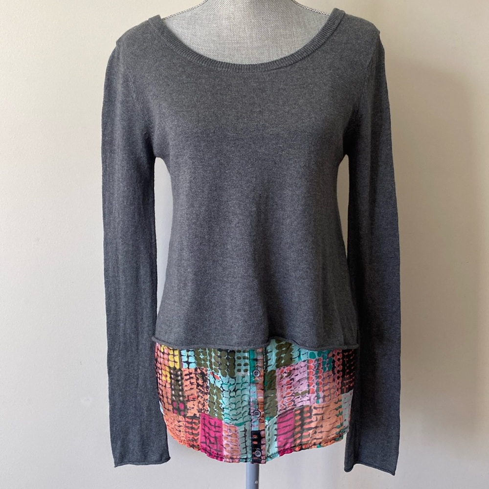 Cashmere Quiet Luxury Sweater & Silk Top Gray Multicolor Patchwork Size Small